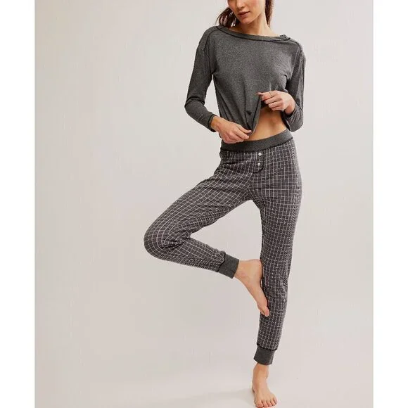 FREE PEOPLE Chill Evening PJ Set / Charcoal Combo - Picture 1 of 10